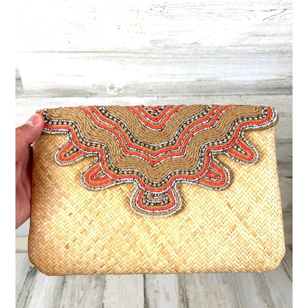 Tommy Bahama Straw Clutch Coral Silver Beaded Bag NEW Boho Coastal